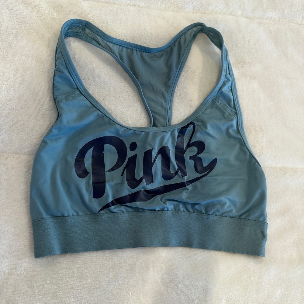 Victoria's Secret PINK Sports Bra Racerback Blue Medium Logo Athletic‎